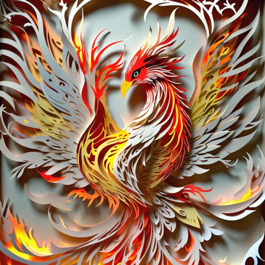 ((((Paper Is Burning on FIRE!))) Kirigami Art Intricate Cuts and Folds depicting Beautiful Fiery Phoenix Psychedelic Col...
