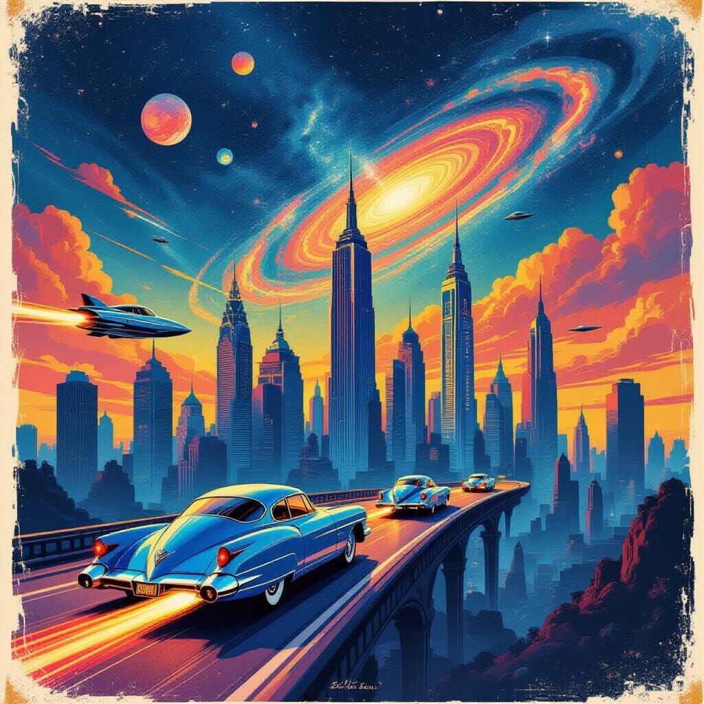 Retro-Futuristic Cityscape Travel Poster in 1950s Style