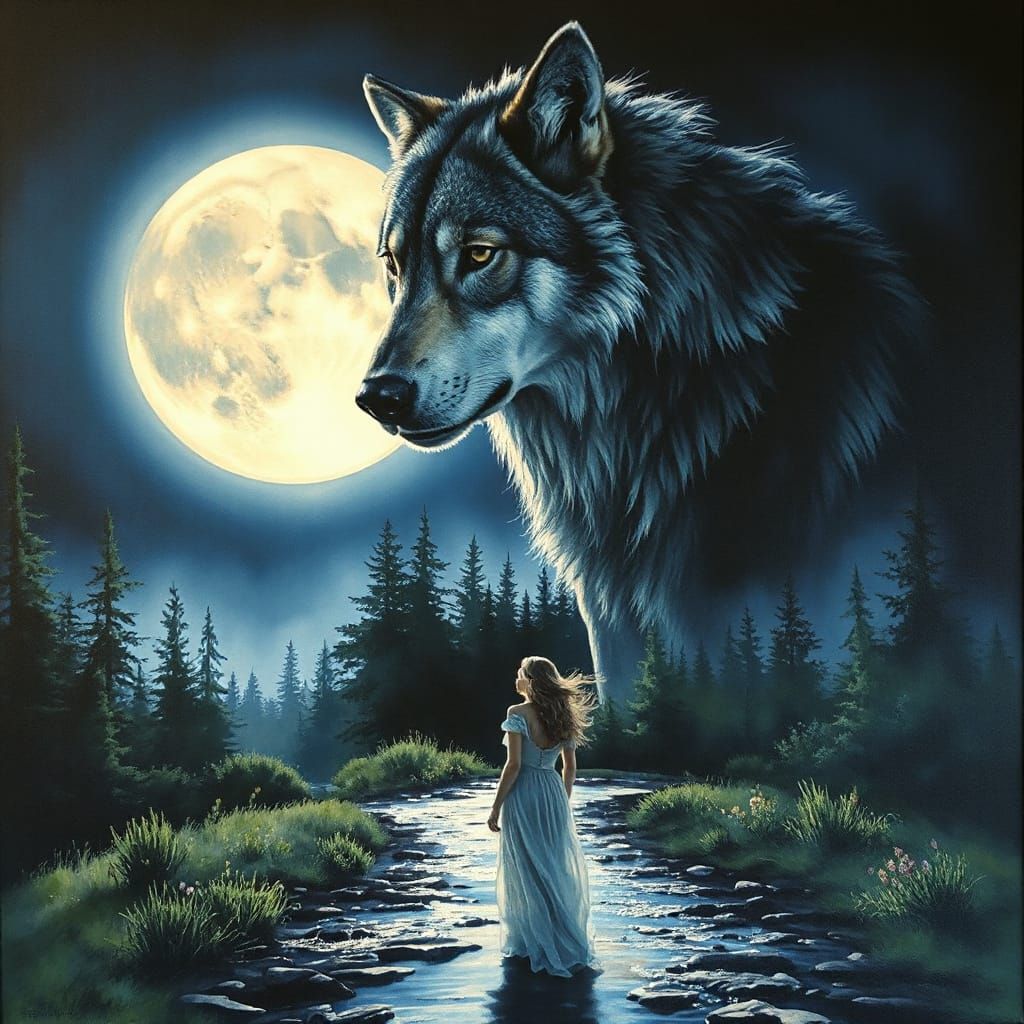 Giant Wolf and Moonlit Path in Gouache Style