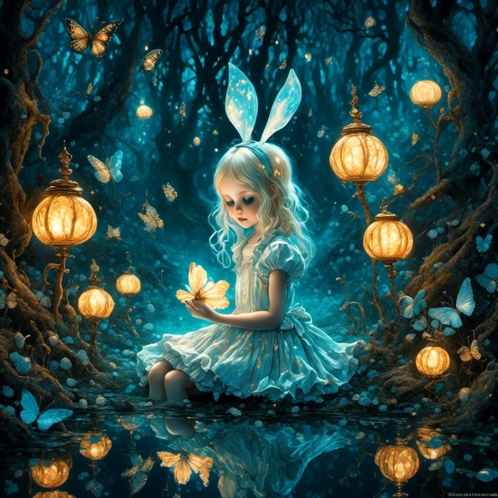 Bioluminescent Alice Touching Mirror Reflection in Forest