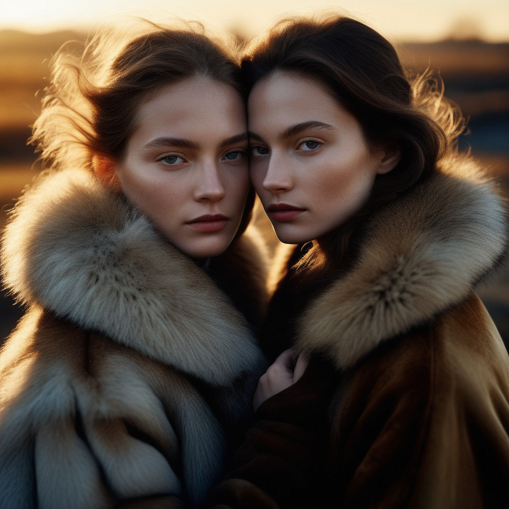 Hyper-Realistic Women in Fur Coats, Moody Golden Hour Portra...