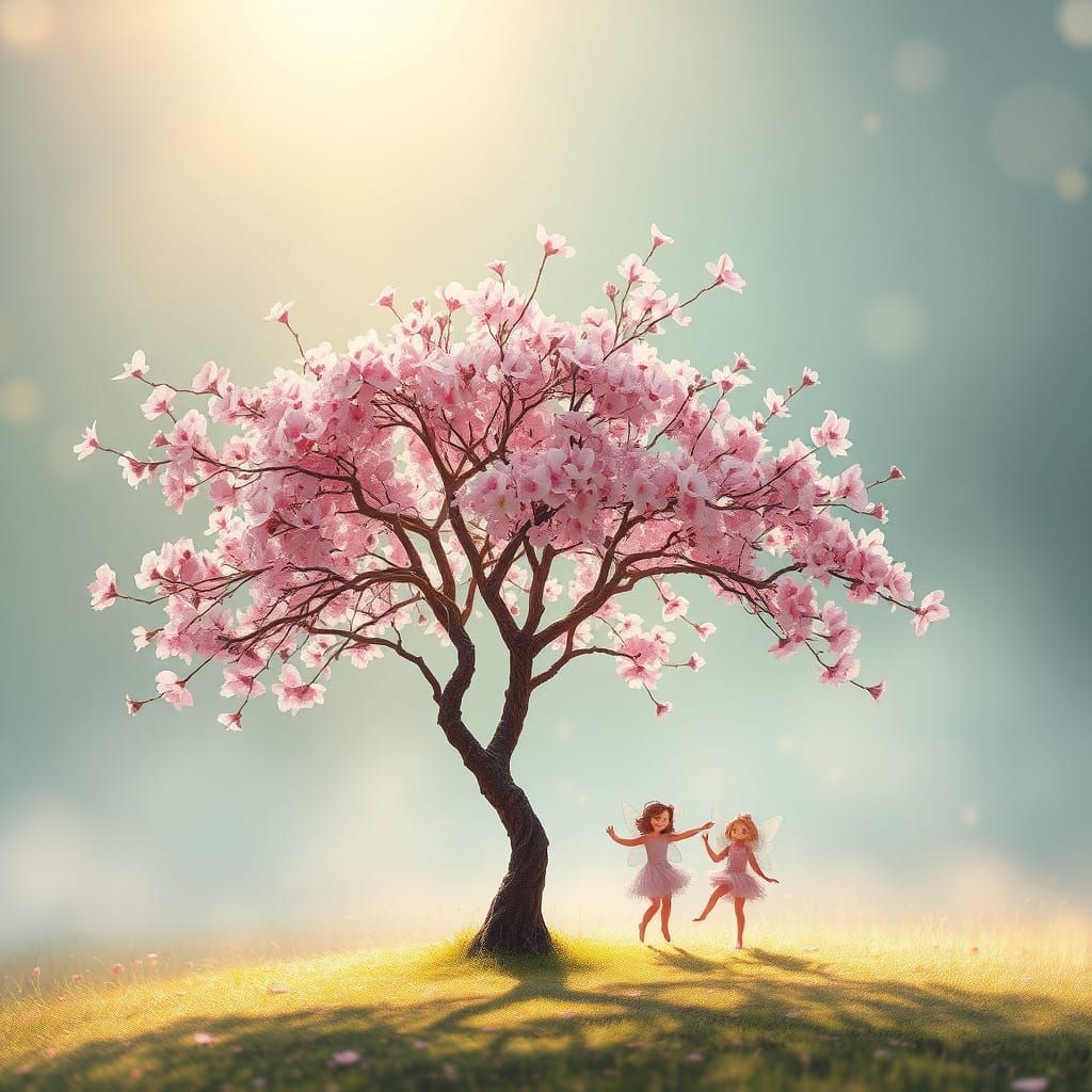 Cherry Blossom Tree with Dancing Fairies