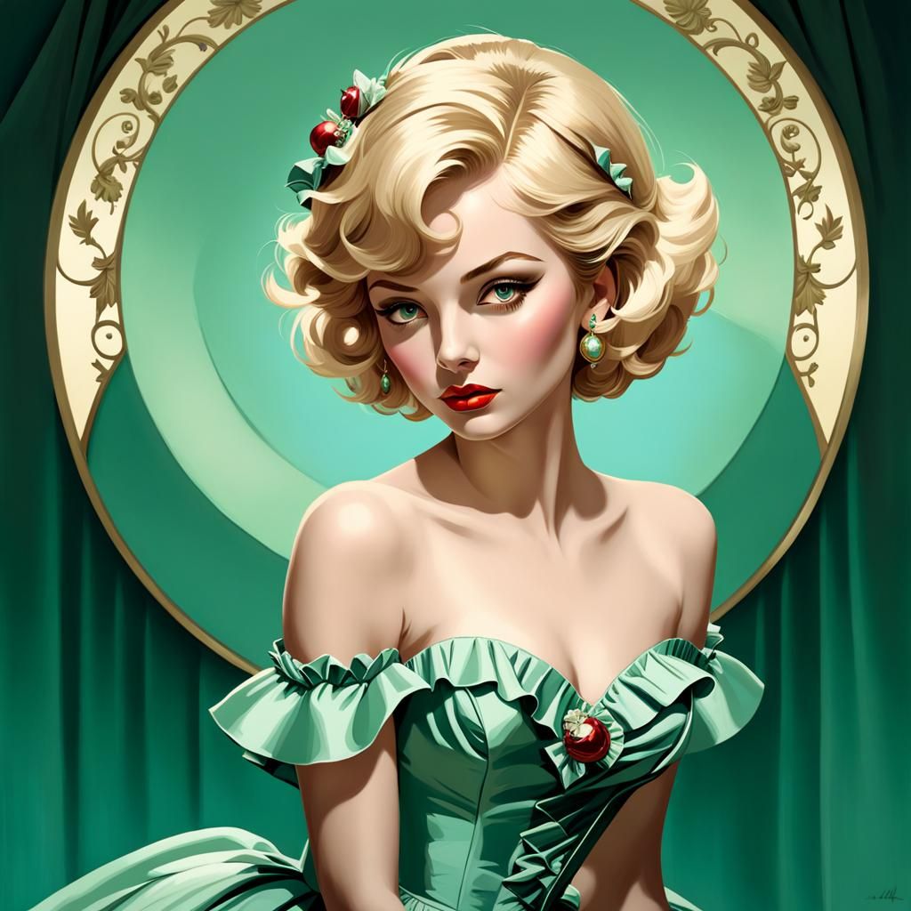 1950s Lady in Celadon Taffeta Gown: Hyperrealistic Portrait