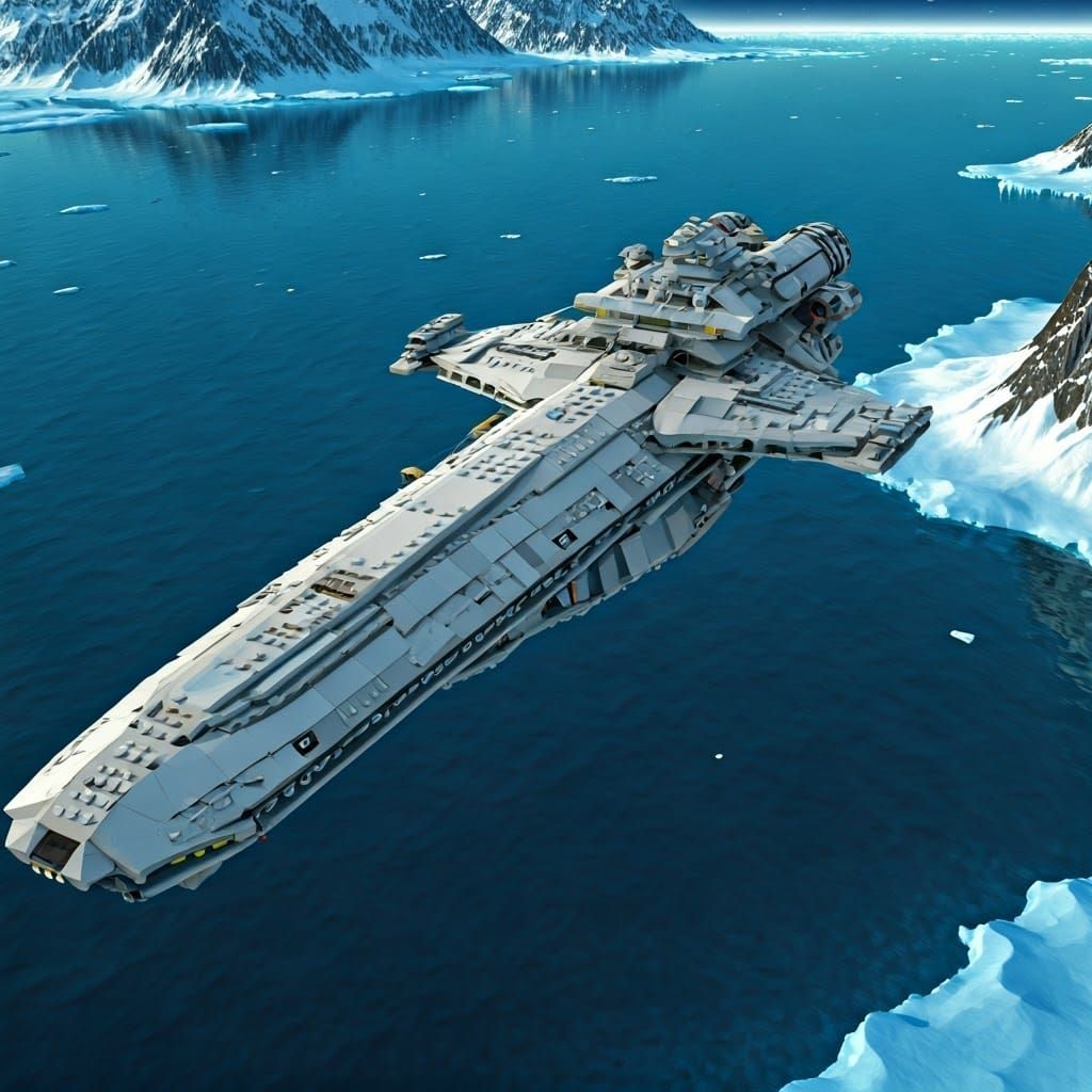 Futuristic Starship on Icy Planet in Retro-Futuristic Style