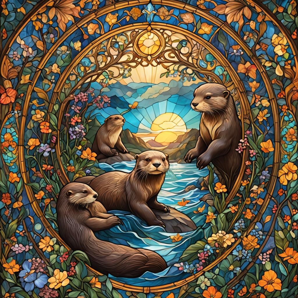 Stained Glass Otters Frolicking in Water