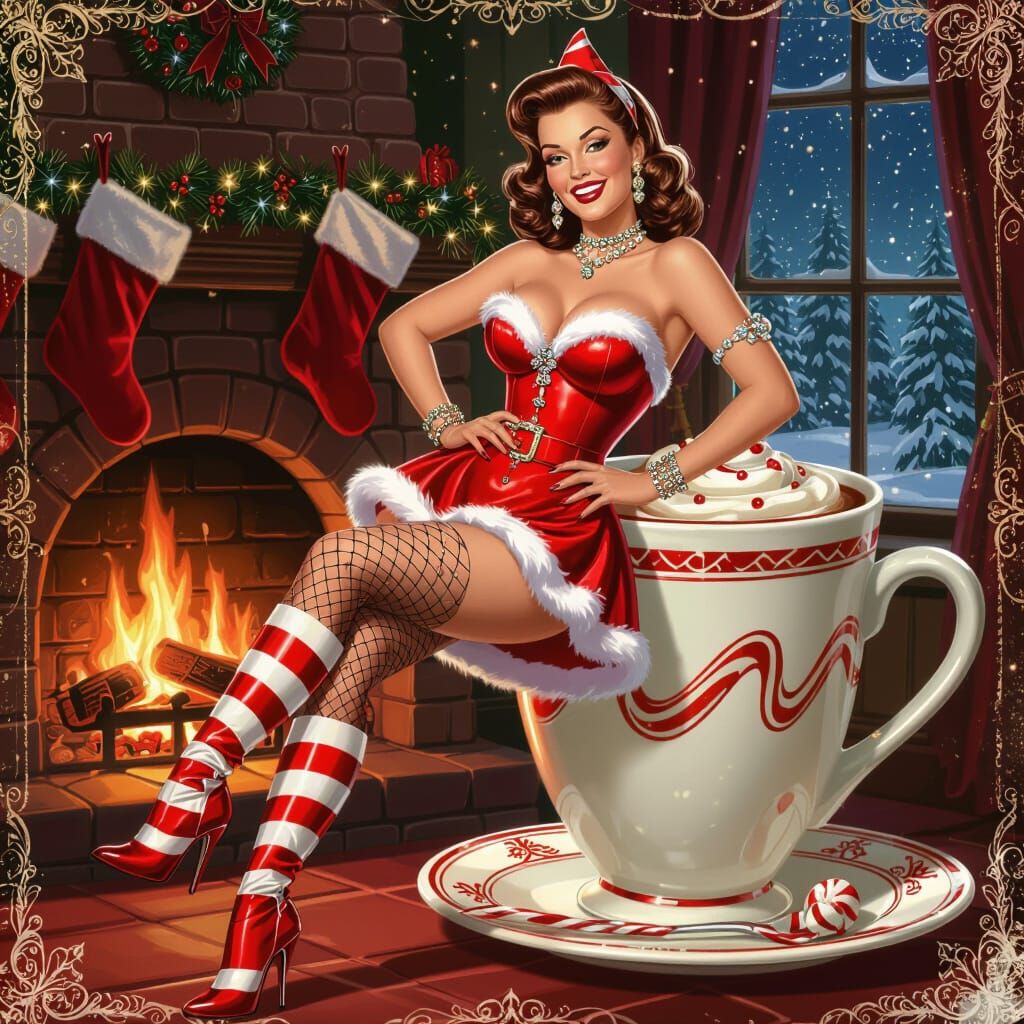 1950s Pinup Candy Cane Girl With Hot Chocolate