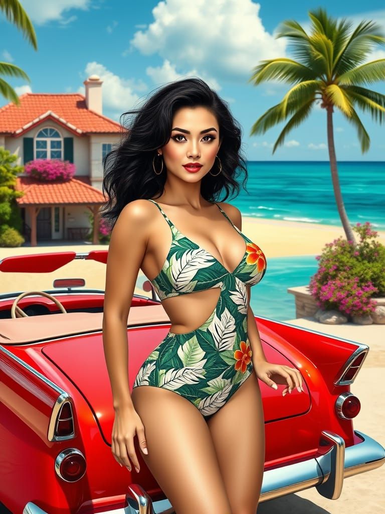 Woman in Tropical Swimsuit Poses by Classic Car