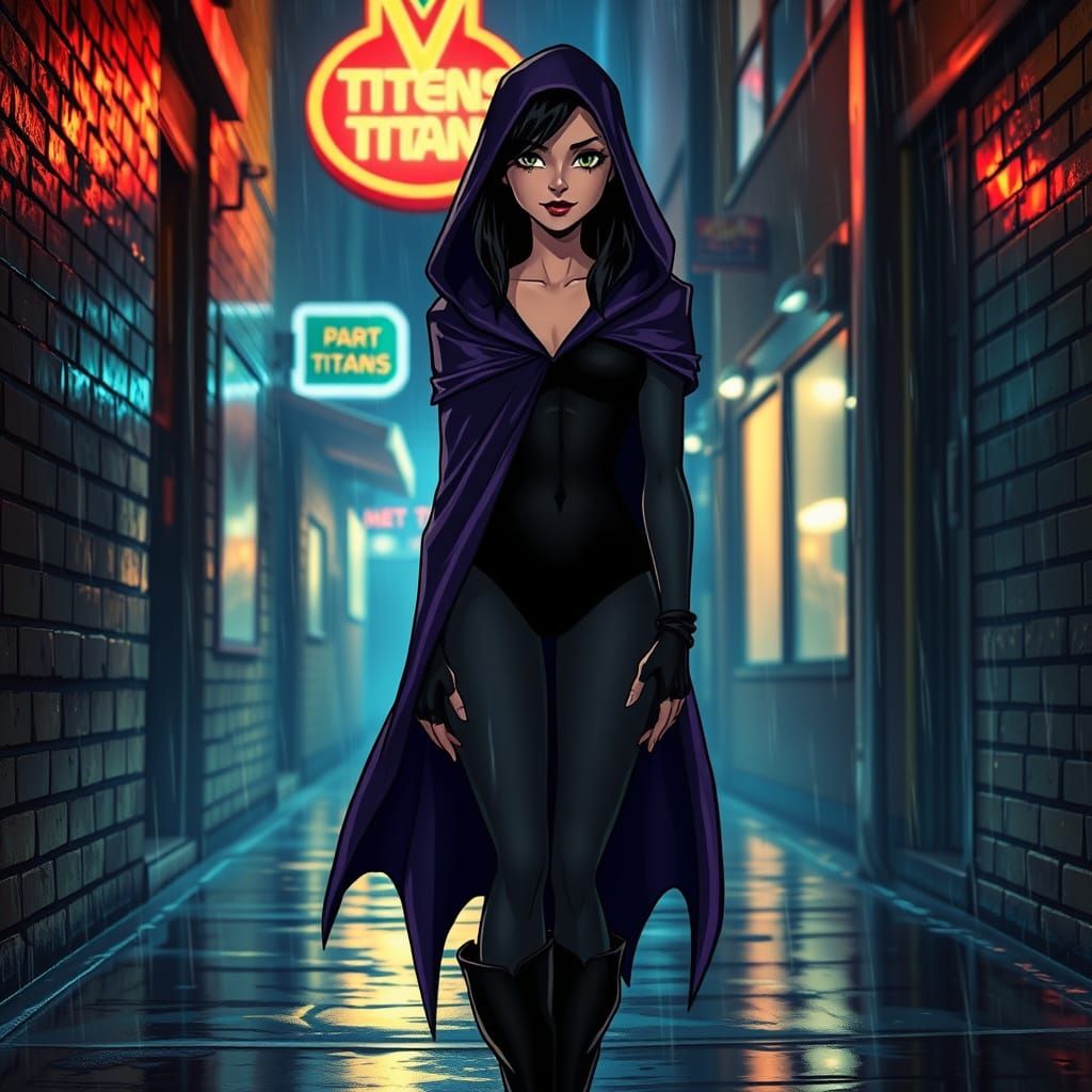 Raven in Rain-Soaked Alley with Neon Reflections