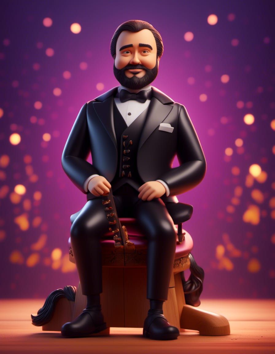 Pavarotti as Bobblehead on Wooden Horse, 3D Art