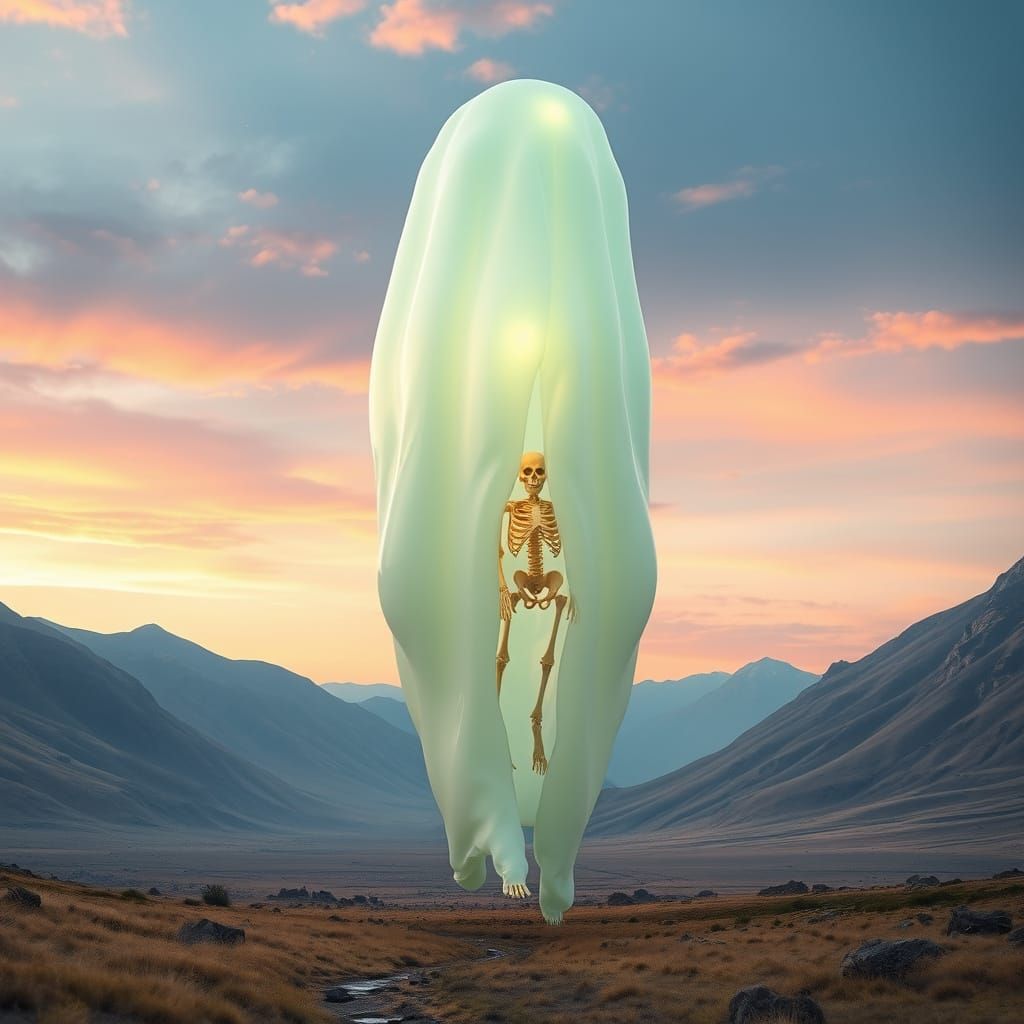 Giant Translucent Slime Creature in Dreamlike Valley