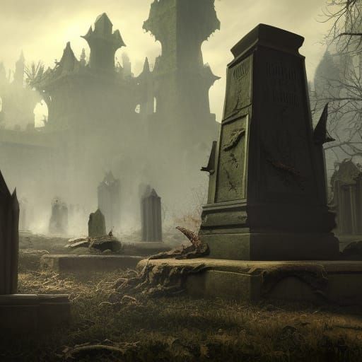 Rotting Zombie Emerges Between Tombstones