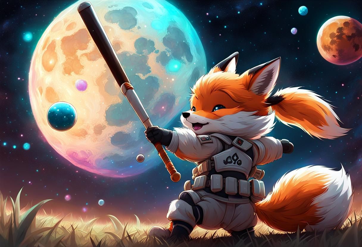 Chibi Fox Plays Baseball Among Constellations