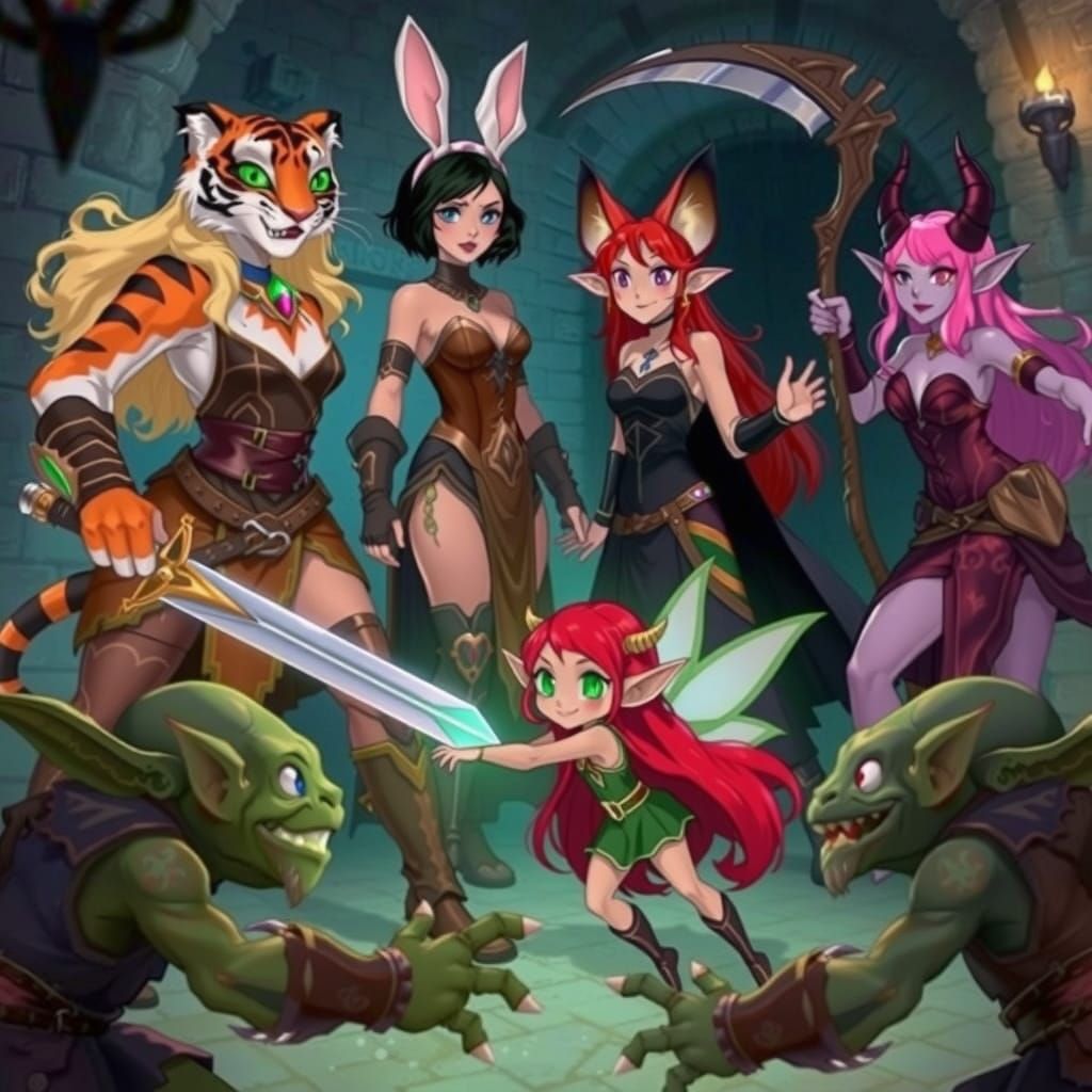 Fantasy Adventurers Battle Goblins in Dungeon