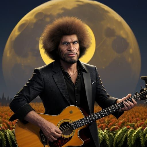 Werewolf Musician Under Harvest Moon in Bob Ross Style