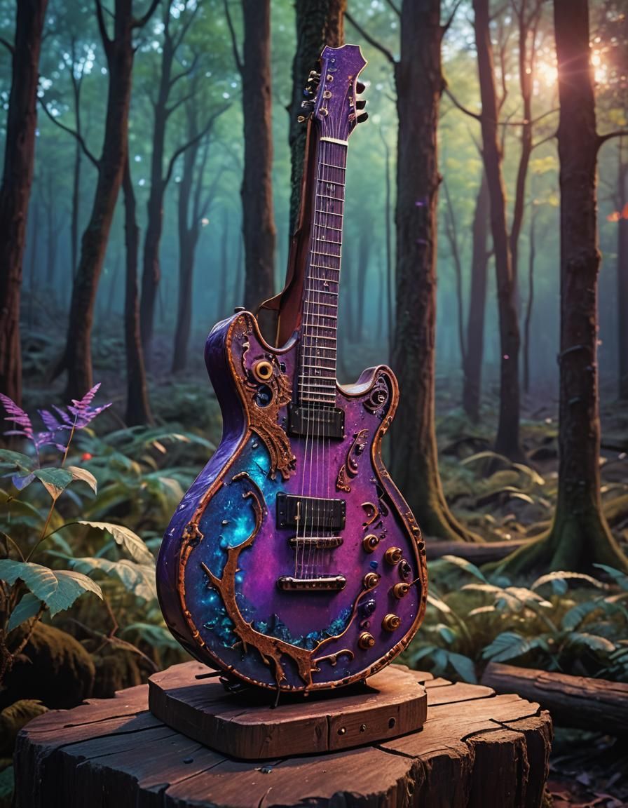 Silicon-Dipped Guitar in Mystical Forest, Fantasy Art