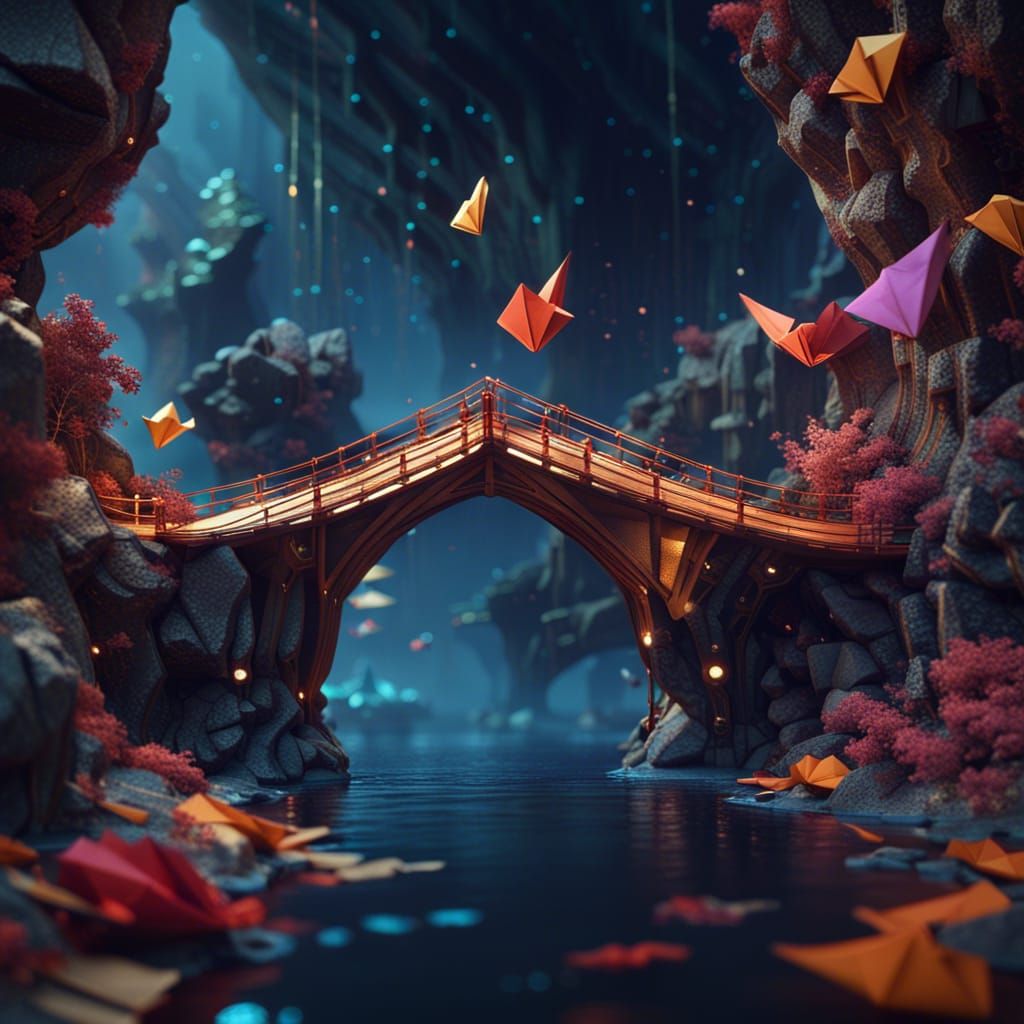 Origami Bridges Connect Floating Worlds: Fantasy Concept Art