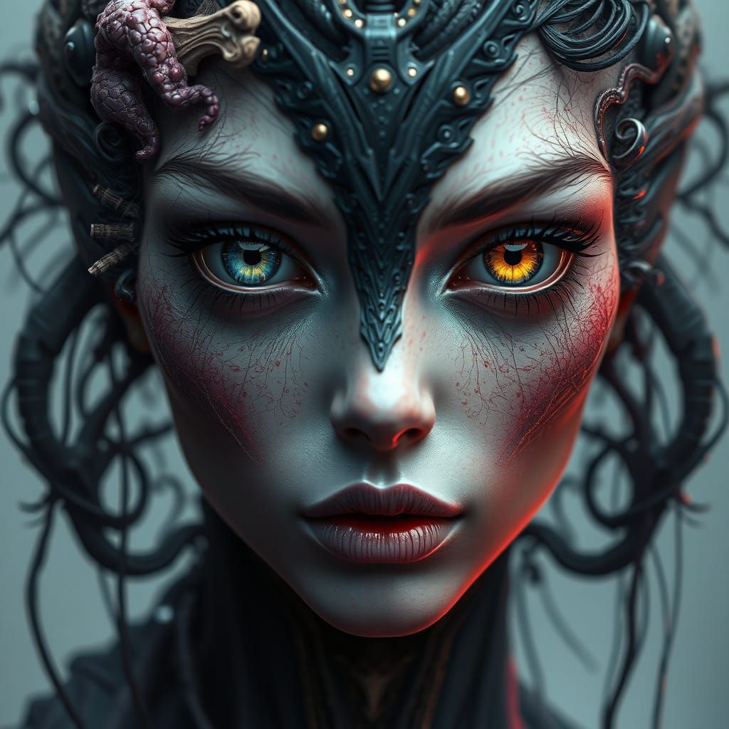 "bizzarely deformed asymmetric weird beautiful posthuman maiden face, bioengineered herself into abstract beauty with we...