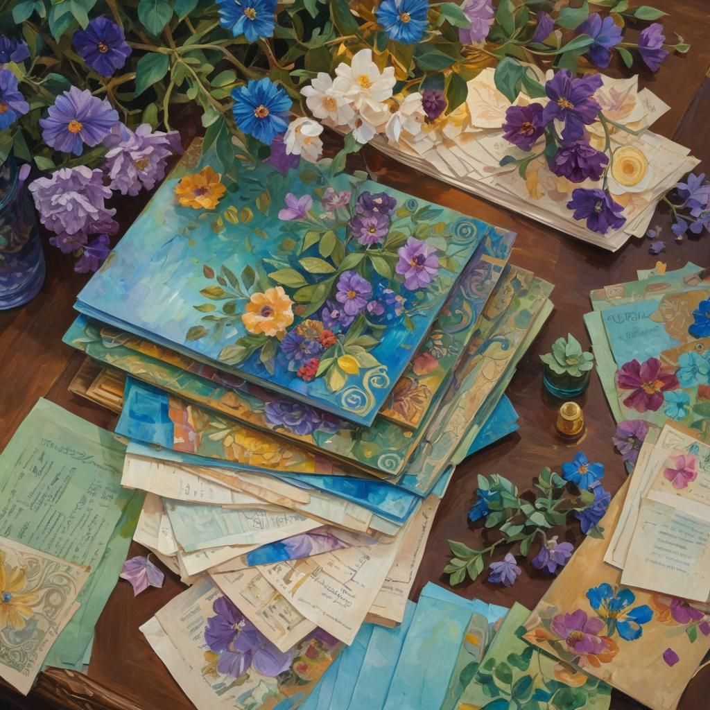 Floral Papers on Desk as Klimt-Inspired Oil Painting