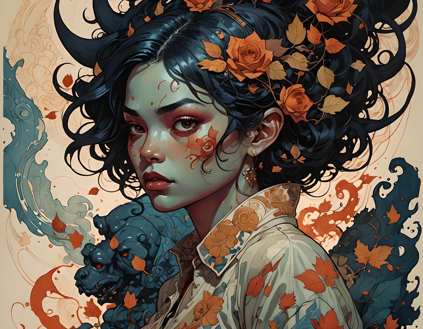 Night Demon Woman in Mixed Media Style