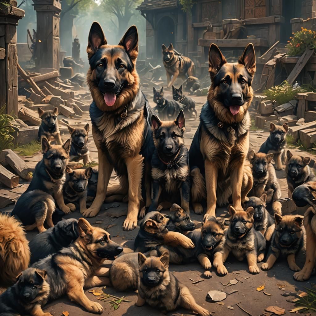 German Shepherd Mother Protecting Puppies: Detailed Matte Pa...