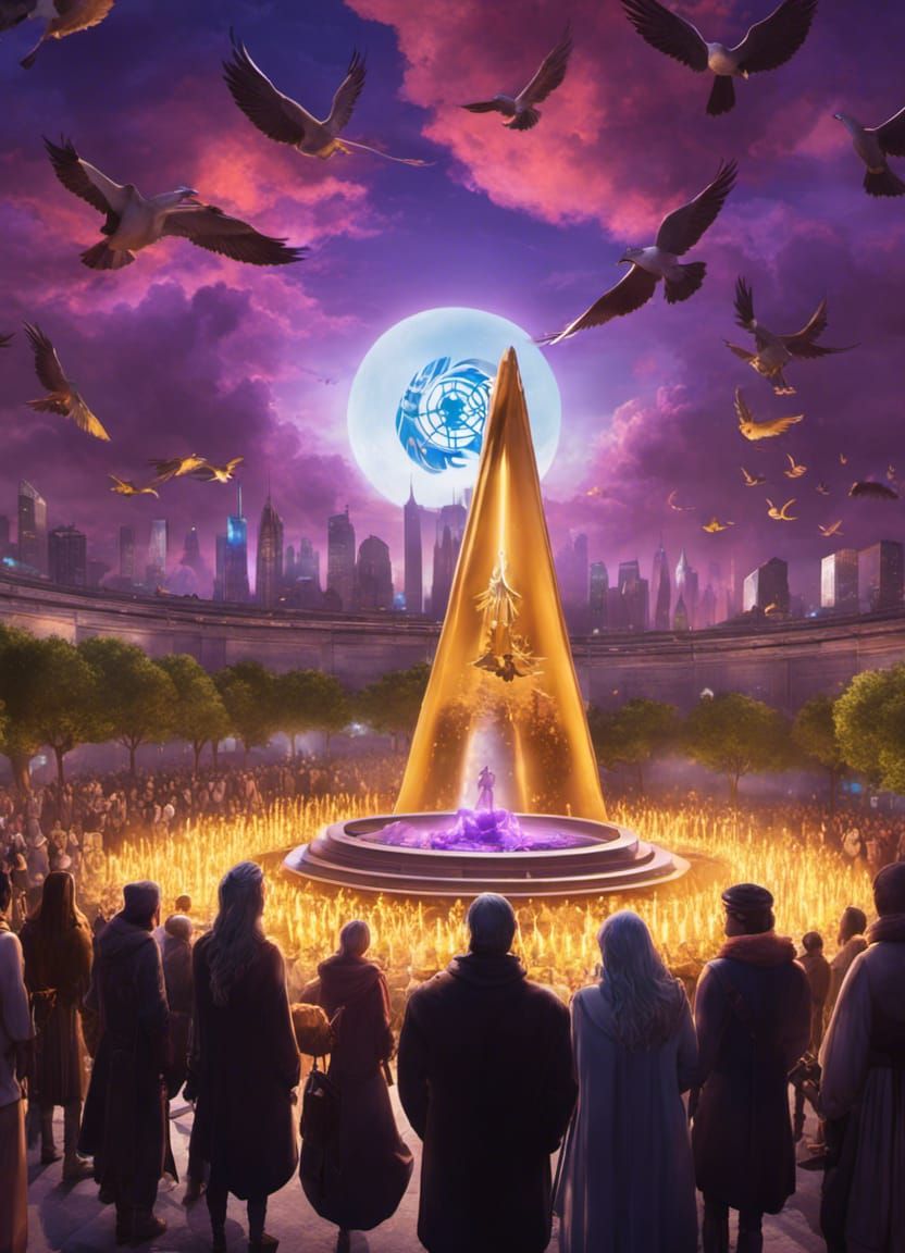 Global Unity at the Peace Bell in Dark Fantasy Style