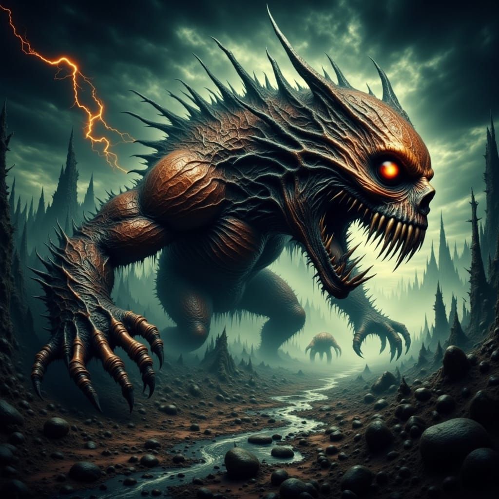 Monstrous Creature in a Twisted, Tar-Stained Nightmarescape