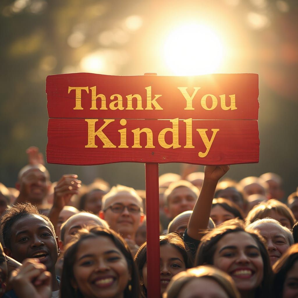Vibrant Sign Above Smiling Crowd: Photorealistic Style