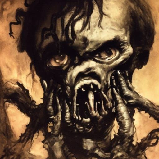 Grotesque Figure Consuming Child in Dark Expressionism