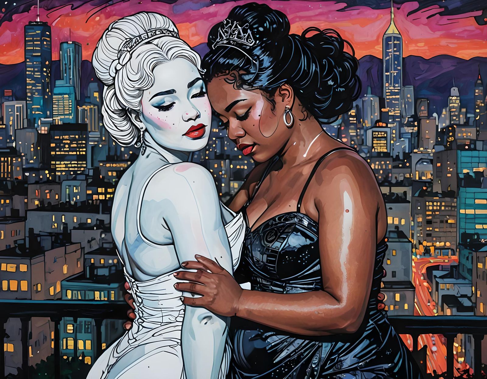 Empresses Embrace in Cyberpunk Post-Impressionist Style