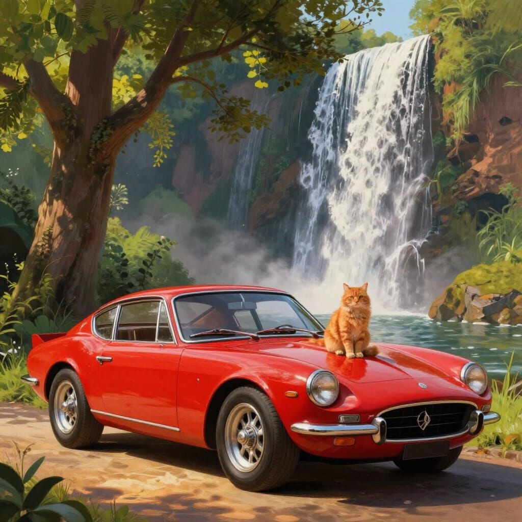 Vintage Red Sports Car and Cat by Waterfall
