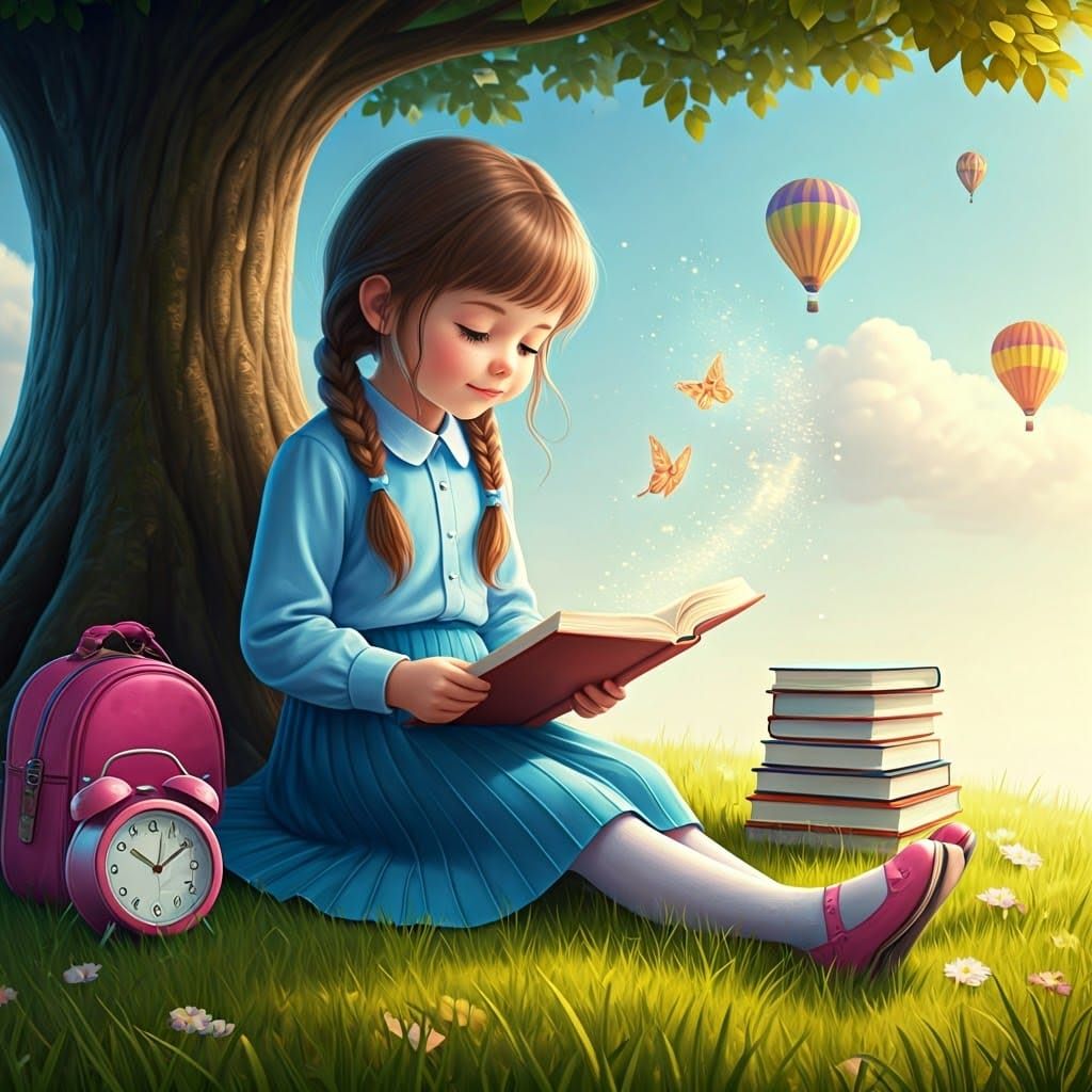 Girl Reading Under Tree with Butterflies