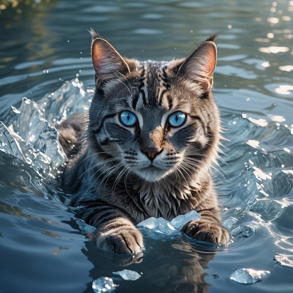 Blue-Grey Cat Swimming in Blue River: Digital Art
