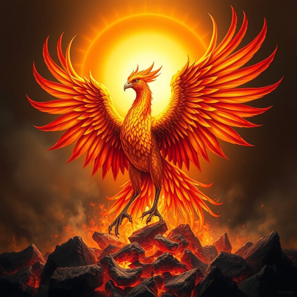 Majestic Phoenix Rises from Fiery Ashes in Vibrant, Mytholog...