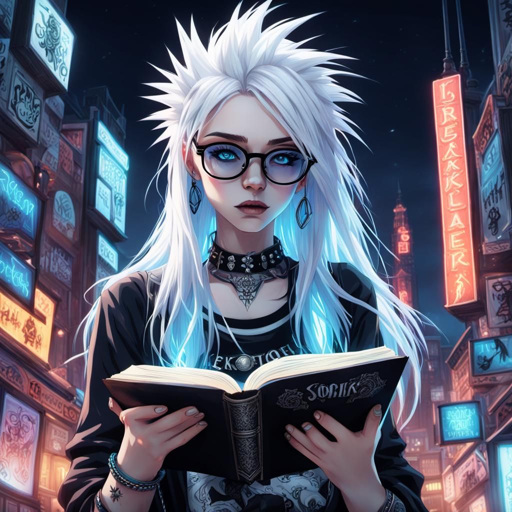 Gothic-Punk Anthro Cat Girl Reading, Cyberpunk Style