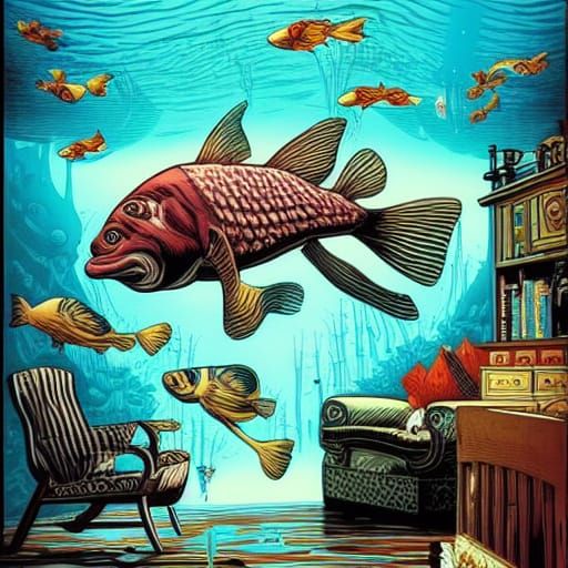 Inverted Living Room with Swimming Fish: Comic Book Art