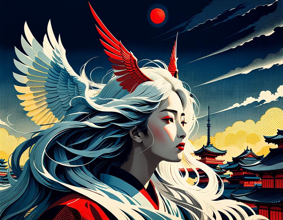 Tokyo Sunset Halftone Pattern in Ukiyo-e Style