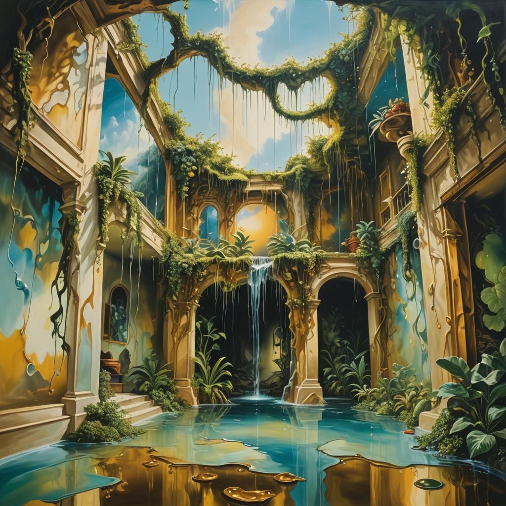 Surreal Room with Flowing Water, Salvador Dali-Inspired