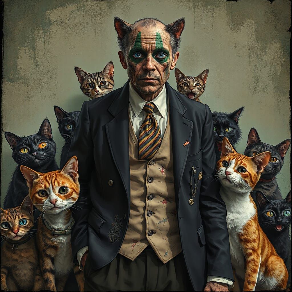 Eccentric Cats with Bandaged Salesman in Burton Style