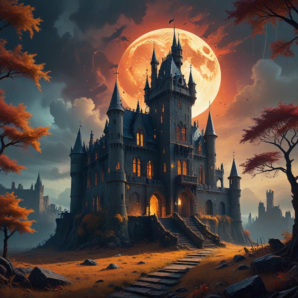 Gothic Castle Illuminated by Bloodmoon in Vibrant Digital Wa...