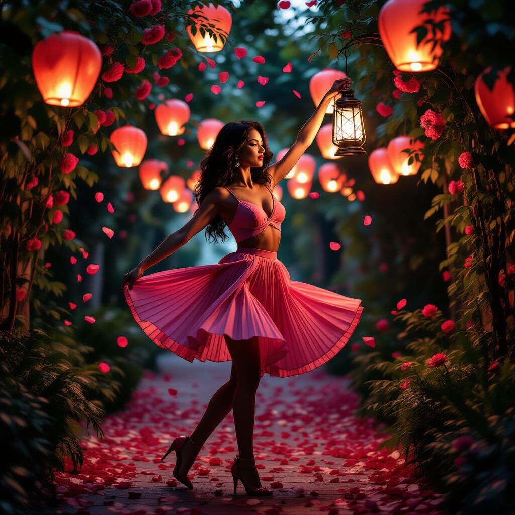 Latin Dancer in Lantern Garden: Hyperrealistic Portrait