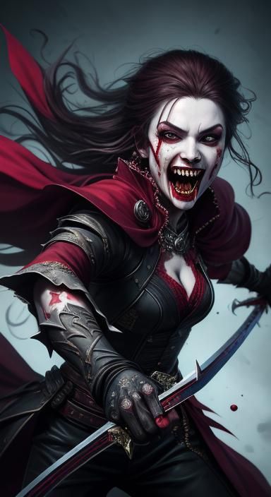 Hyperrealistic Vampire Woman with Swords and Fangs