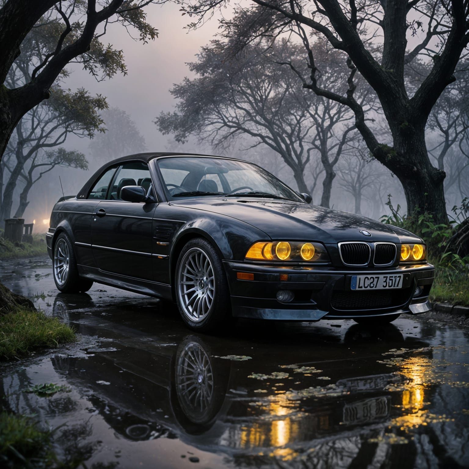 Dark Fantasy BMW E36 Convertible with Venom in Shadowy Realm