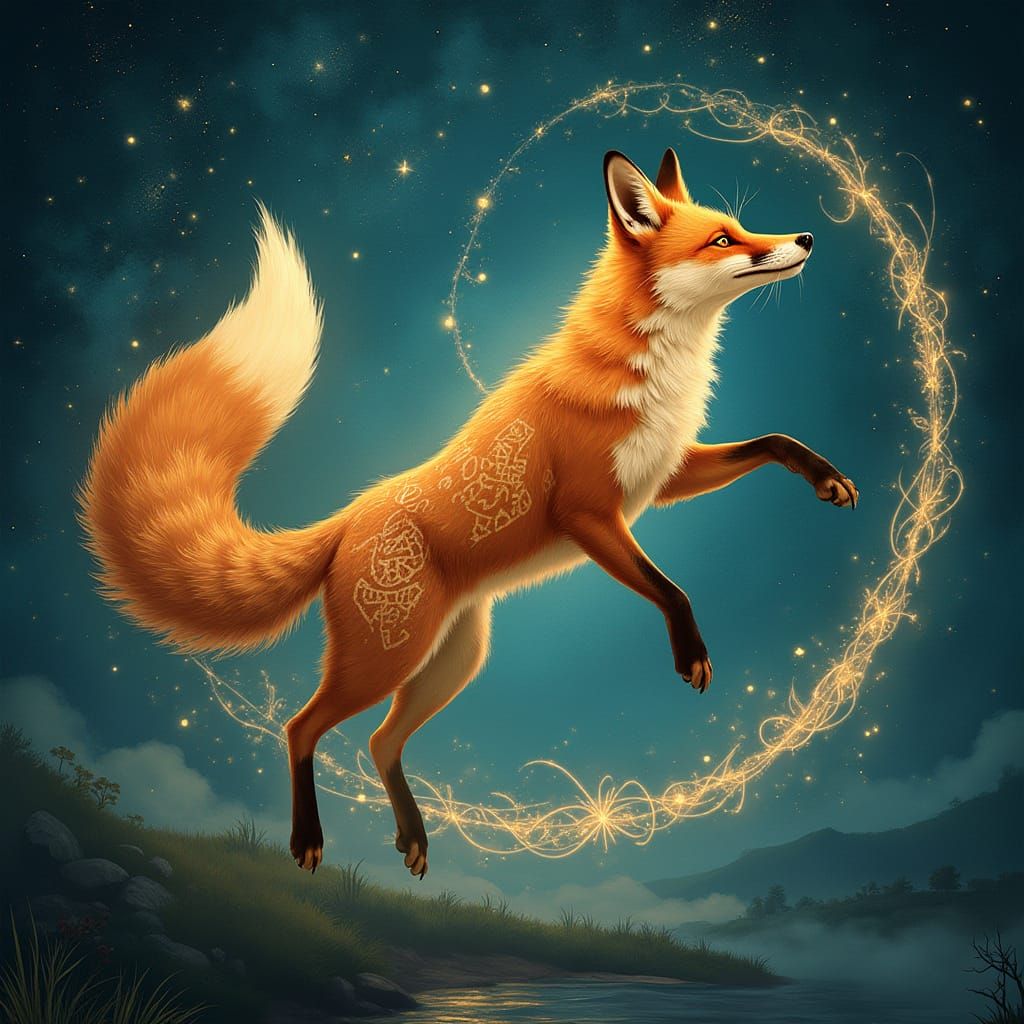 Mystical Fox Leaping Through Cosmic Vortex