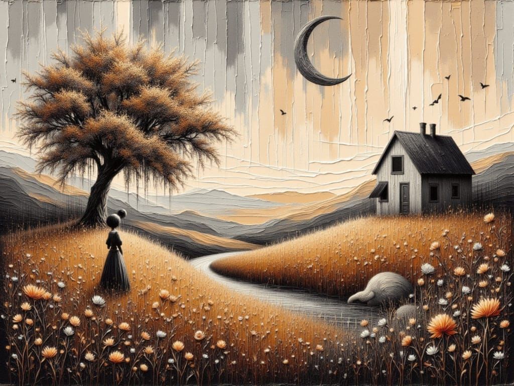 Abstract Cottage and Oak Tree at Sunset