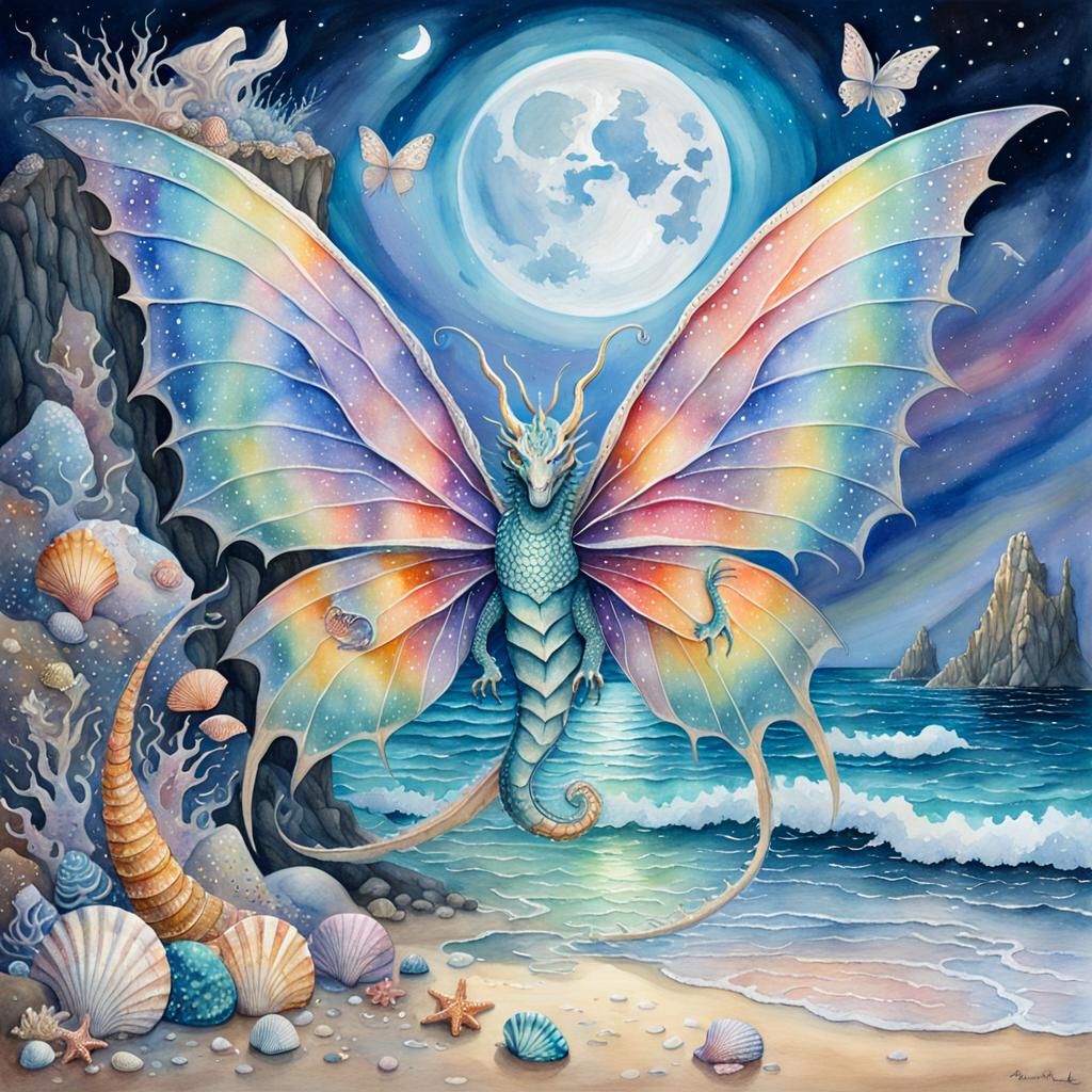 Silverpunk Dragon with Butterfly Wings in Aquarelle Style