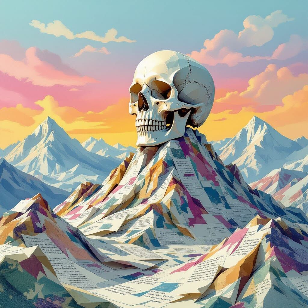 Surreal Skull Landscape on Crumpled Paper Mountains