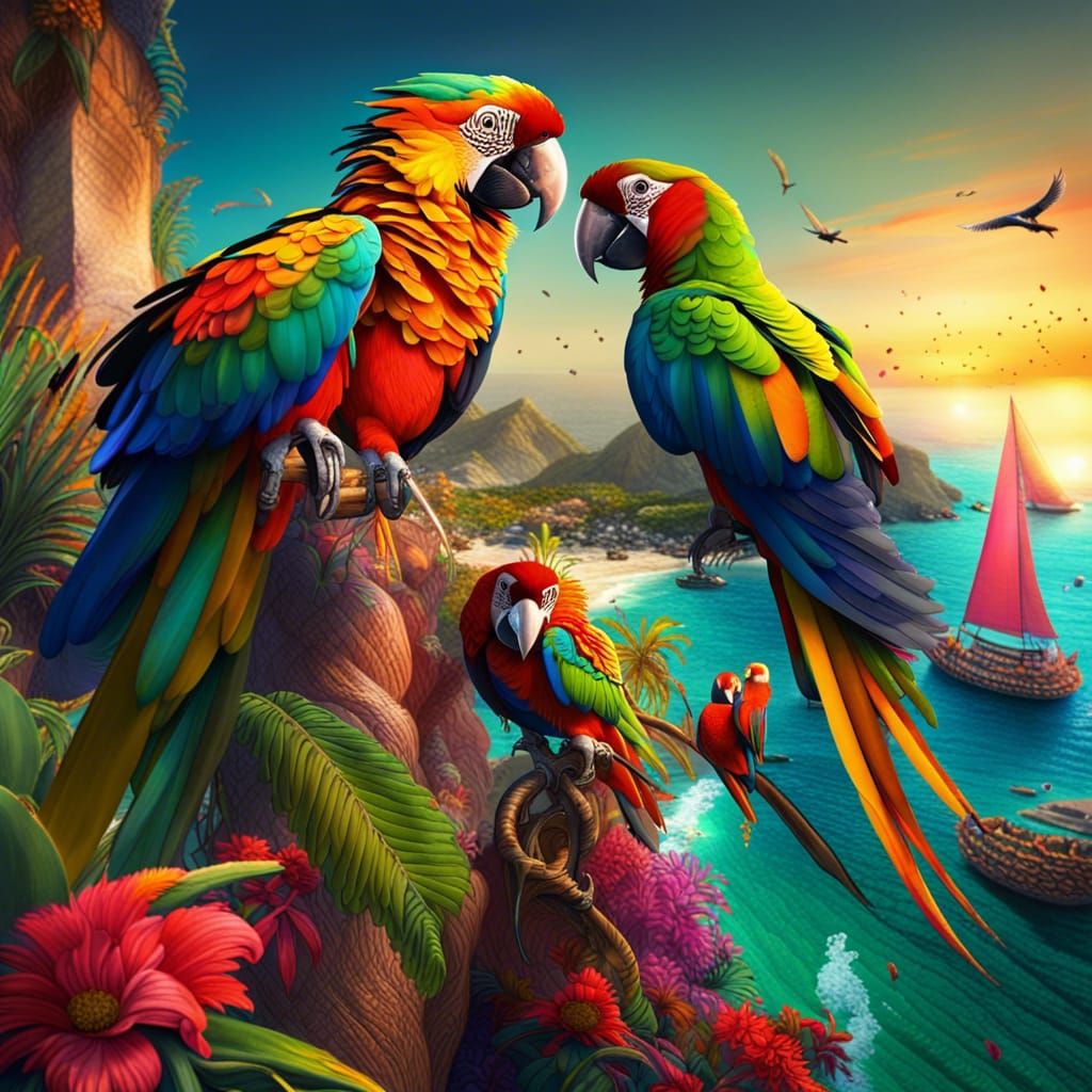 Colorful Coastal Sunset with Parrots