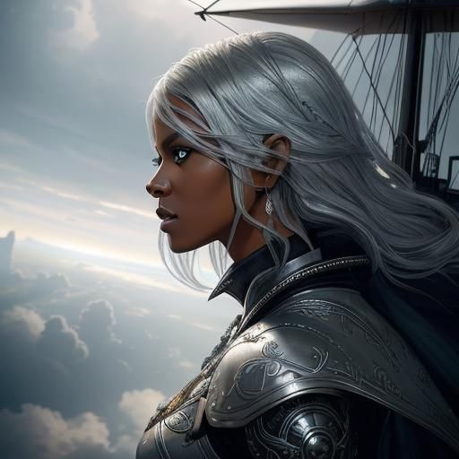 Silver-Haired Woman on Airship: Hyperrealistic Digital Art