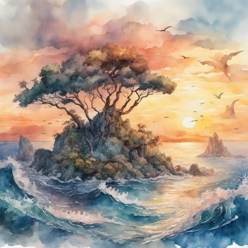 Watercolor Sunset Over Ocean Islands: Detailed Ink Painting