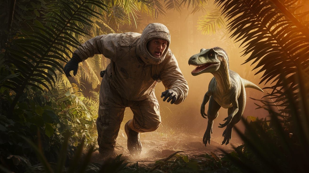 Terrified Man Running from Velociraptor in Jungle